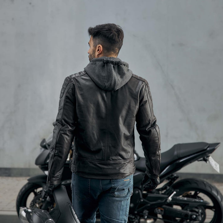 REBELHORN Impala Motorradjacke Herren | Leder | Ellbogen und Schulterprotektoren | Abnehmbare Kapuze