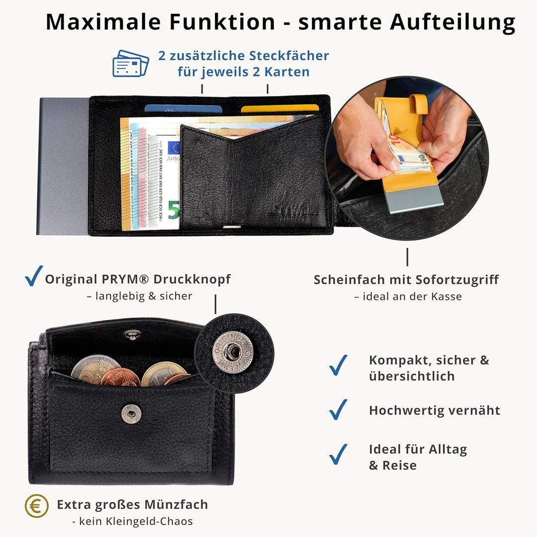 SecWal Kartenetui mit Münzfach Druckknopf inkl. Geschenkbox - Made in Germany - Echtleder Mini Geldb
