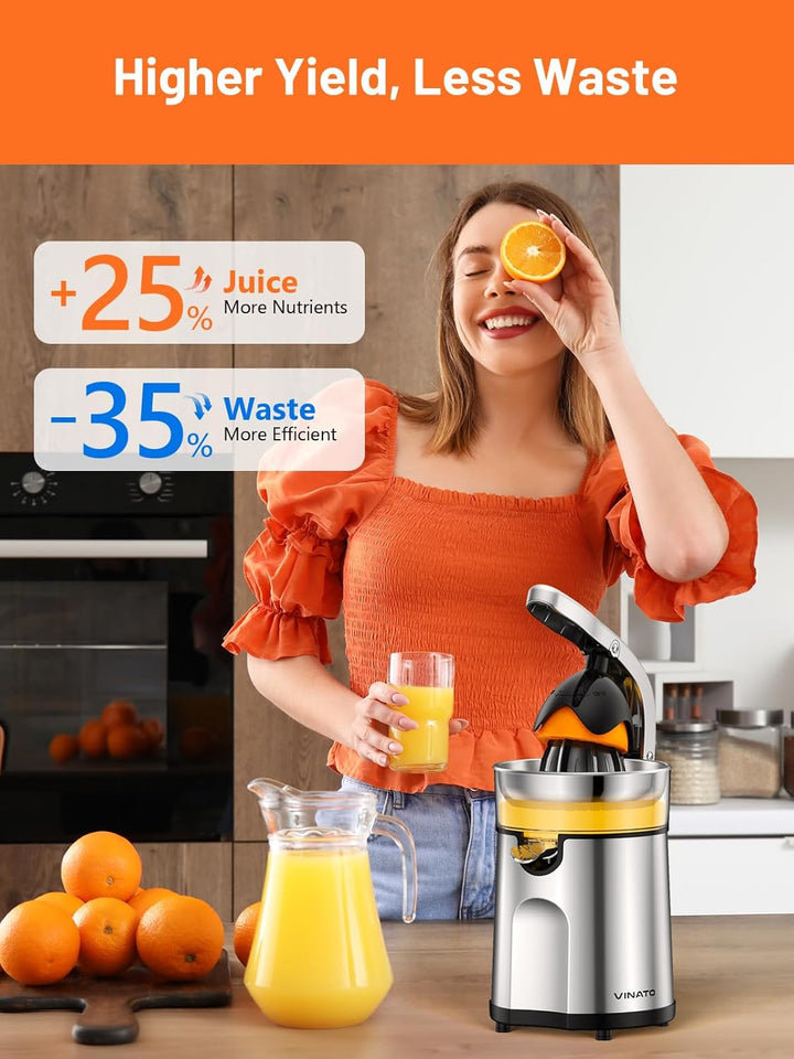 VINATO Elektrische Zitruspresse Edelstahl mit 2 Presskegeln – Automatische Orangenpresse &amp; Zitronenp