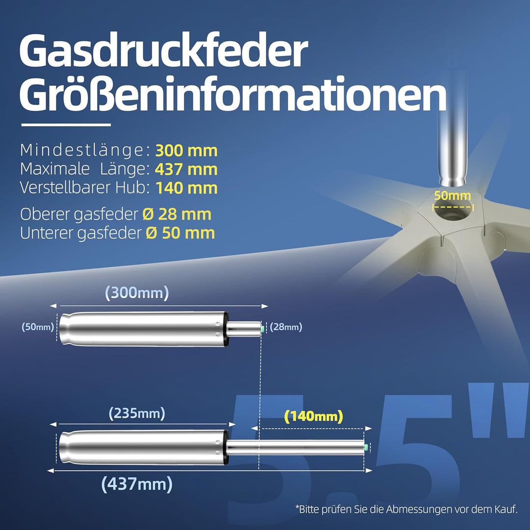 Mastery Mart Gasdruckfeder Bürostuhl Lang 297mm - 437mm, Gasdruckdämpfer Belastbar bis 450 kg, Büros