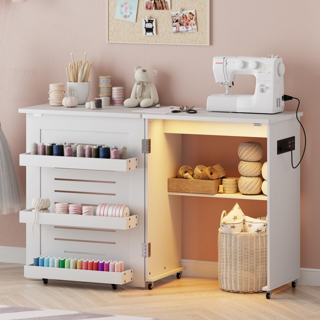 Gurexl 2 in 1 Nähtisch klappbar mit Ladestation und Led Beleuchtung,Nähmaschinentisch mit Ablagefach