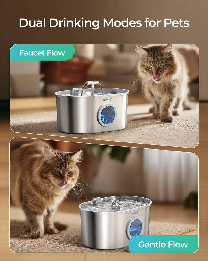 Katzenbrunnen Edelstahl, Trinkbrunnen für Katze mit 2 Trinkstellen, LED-Anzeige, Wasserstandsanzeige