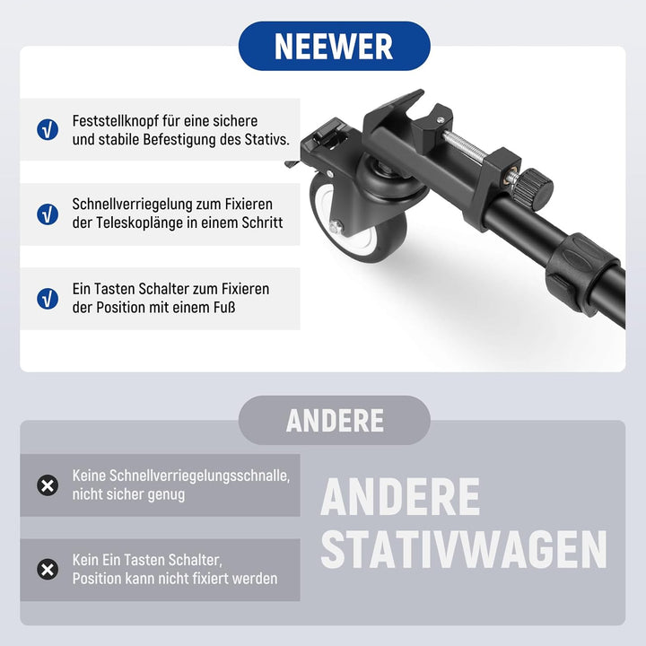 Neewer Fotografie Rollwagen Dolly Hochleistung mit grösseren 3-Zoll Gummirädern verstellbaren Beinha