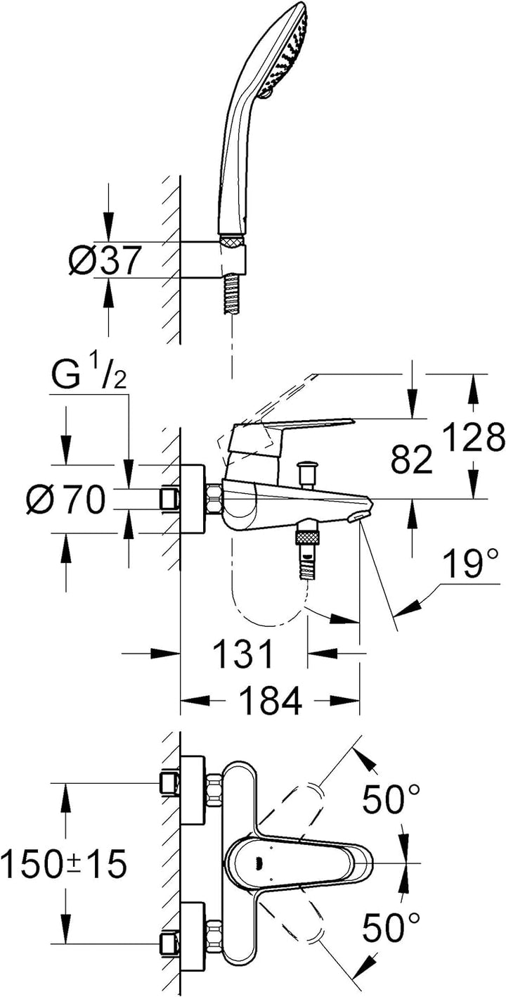 GROHE Eurodisc C Einhand-Wannenbatterie mit passendem Handbrause-Wandhalterset 33395002, Silber BAD/