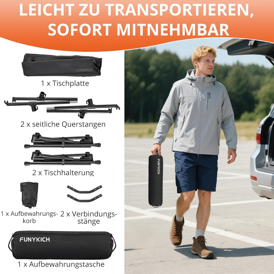 FUNYKICH Campingtisch klappbar, Ultraleicht Klapptisch mit Netztasche und 2 Getränkehaltern, 15KG Tr