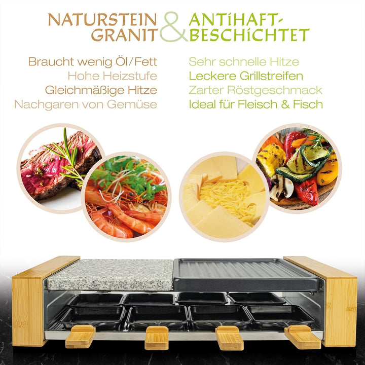 Korona 45090 Raclette Grill für 8 Personen| Hochwertiges Bambus Design | Mit geteilten Grillplatten,