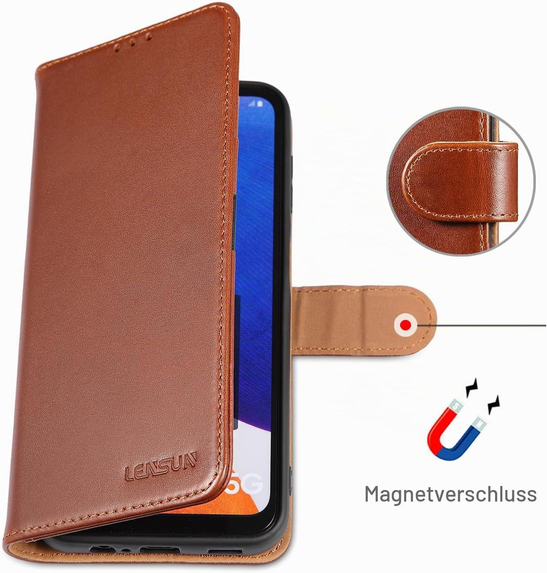 LENSUN Echtleder Hülle für Samsung Galaxy A14, Handyhülle [Echtes Leder][Kartenfach][RFID Schutz][Kl