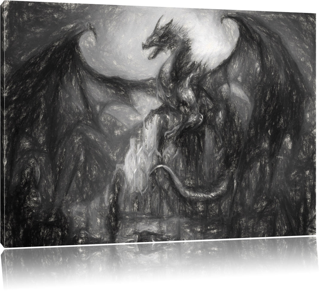 Pixxprint Drache schützend über Burg / 100x70cm Leinwandbild bespannt auf Holzrahmen/Wandbild Kunstd
