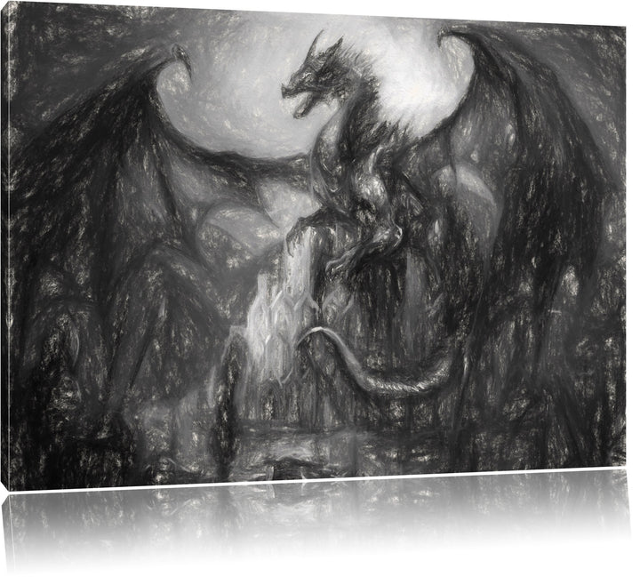 Pixxprint Drache schützend über Burg / 100x70cm Leinwandbild bespannt auf Holzrahmen/Wandbild Kunstd