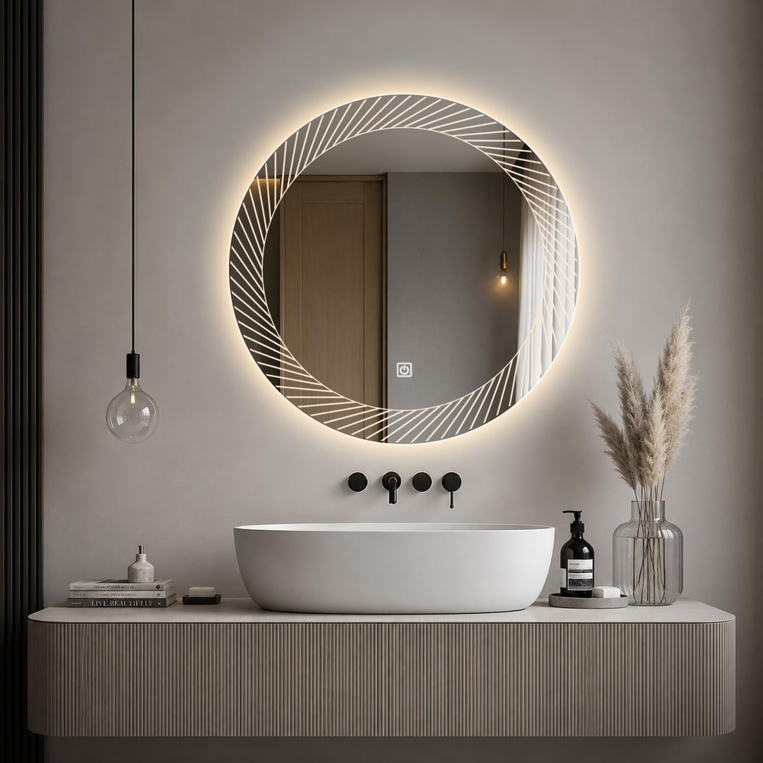 Rund Badezimmer Wandspiegel, Badspiegel Mit Beleuchtung, 50cm Spiegel mit LED Linienmuster Licht, To