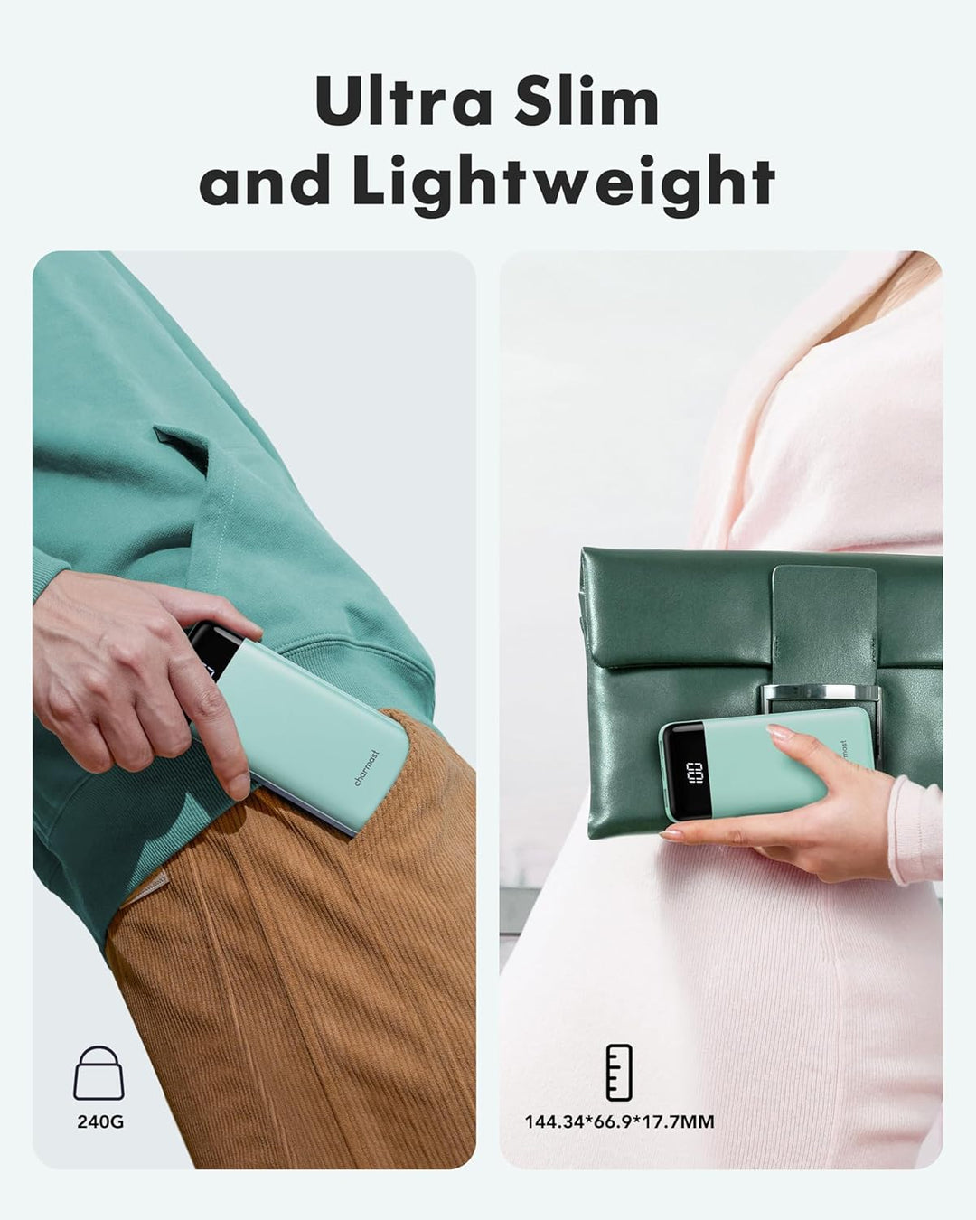 Charmast Externer Akku, 10.000 mAh, mit 4 integrierten Kabeln, tragbarer Akku, USB C, dünn, Power Ba