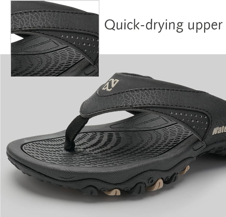 WateLves Herren Flip Flops Zehentrenner Leder mit Arch Support Sandalen Weich Leder Stoff Badelatsch
