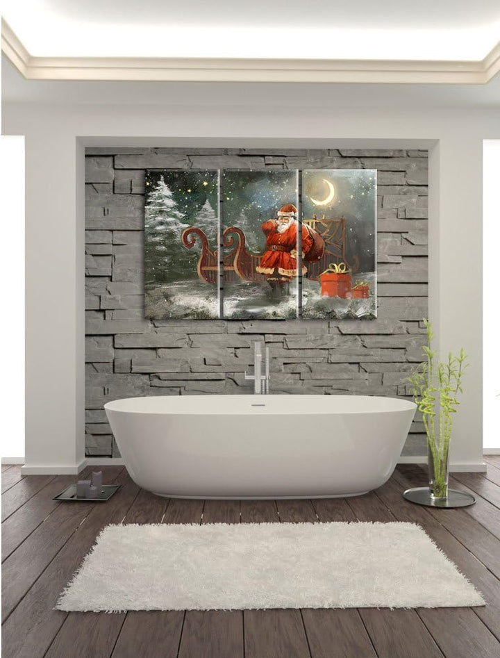 Pixxprint Weihnachtsmann mit Geschenken als Leinwandbild/Grösse: 3 Teilig (120x80 cm) / Wandbild/Kun