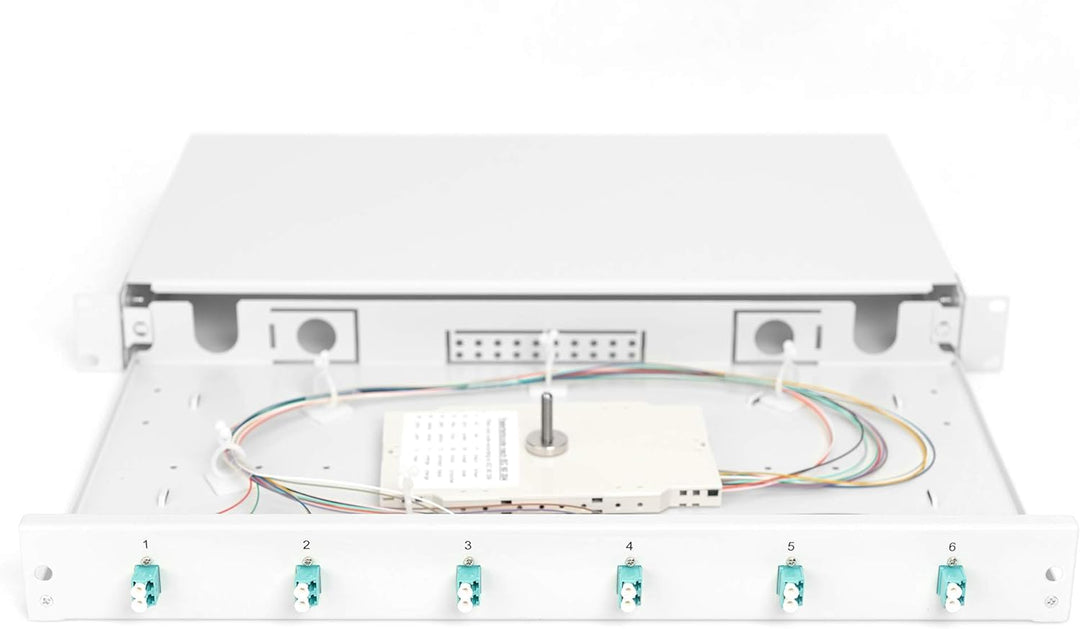 DIGITUS LWL Spleissbox 6 Kupplungen - LC - OM3 - 1HE - 19-Zoll - Multi-Mode Simplex - Mit Spleiss-Ka