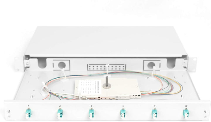 DIGITUS LWL Spleissbox 6 Kupplungen - LC - OM3 - 1HE - 19-Zoll - Multi-Mode Simplex - Mit Spleiss-Ka