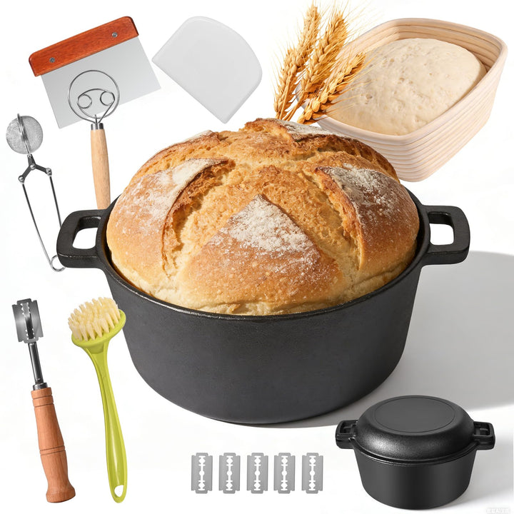 Gusseisentopf mit Gärkorb 26cm, 4.7L Brotbackset für Anfänger mit Sauerteigbackform & Zubehör, Gusse