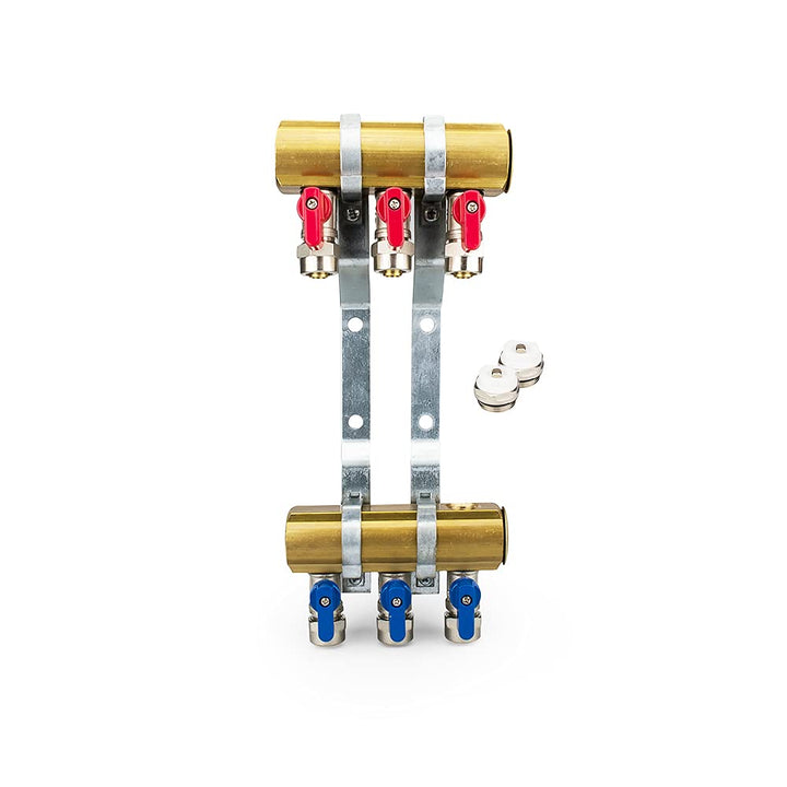 Messing Heizkreisverteiler 3 Heizkreise Set mit 6 x PEX Kugelhahn mit Klemmring 16mm x 1/2" AG & 2 x