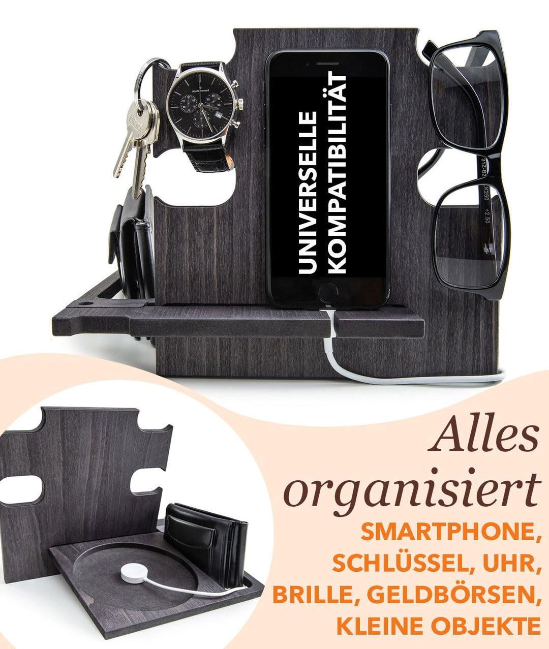 Docking Station Holz personalisiert – Männer Geschenk Geburtstag – Organizer für Schreibtisch & Nach