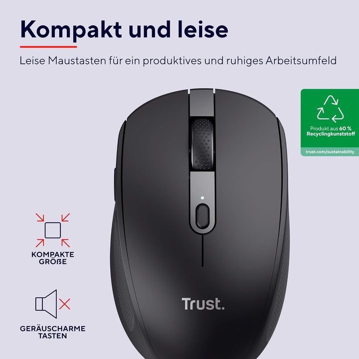Trust Ozaa Leise Kabellose Maus Bluetooth + 2.4GHz, Schwarz | Kompakte Mehrgeräte Funkmaus, 60% Recy