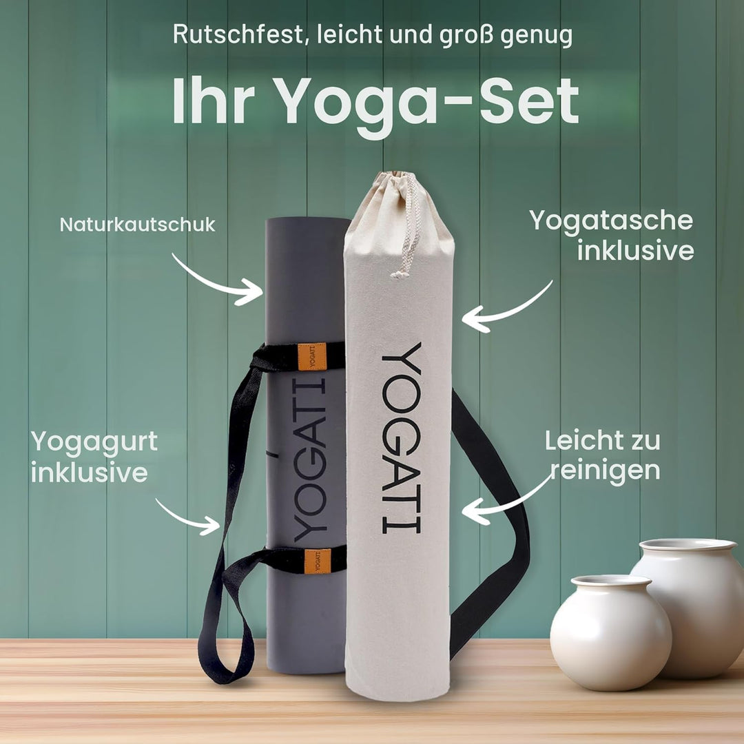 YOGATI® Yogamatte rutschfest Naturkautschuk mit Tasche - Yoga Matte gross mit Markierung, Sportmatte