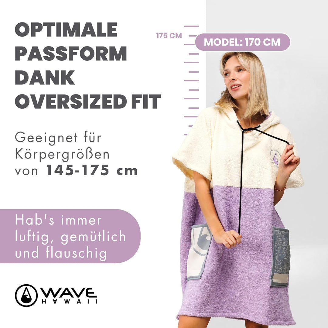 WAVE HAWAII Poncho Peniche Surfponcho 95% Baumwolle Badeponcho für Körpergrössen von 145-175 cm Umkl