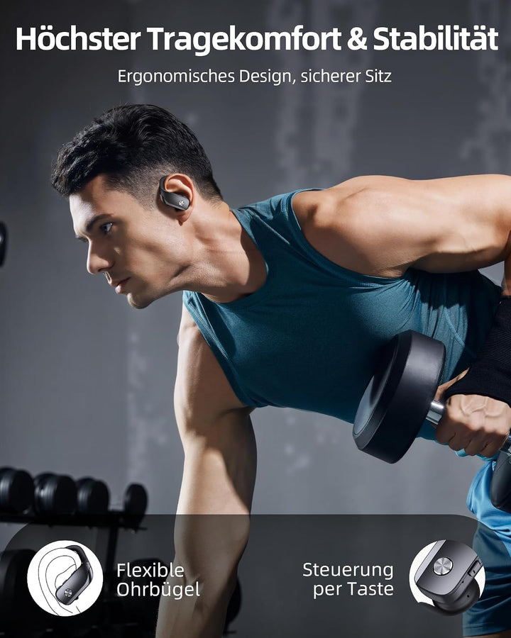 Bluetooth Kopfhörer Sport, In Ear Kabellose Earbuds mit 80h Wiedergabe, Dual LED-Anzeige, Über Ohr-H