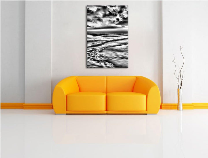 Pixxprint Monocrome, Meereshorizont Sonne hinter Wolken, Format: 100x70 auf Leinwand, XXL riesige Bi