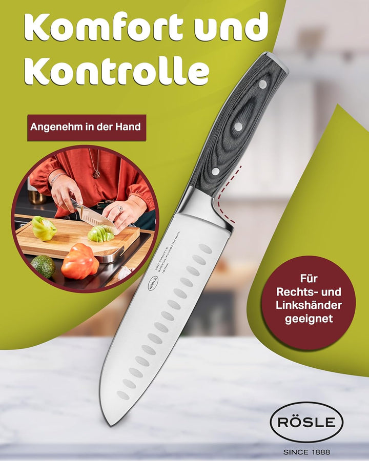 RÖSLE Santokumesser WOLFGREY 17,5 cm – Scharfes Küchenmesser & Kochmesser mit Kullenschliff – Santok