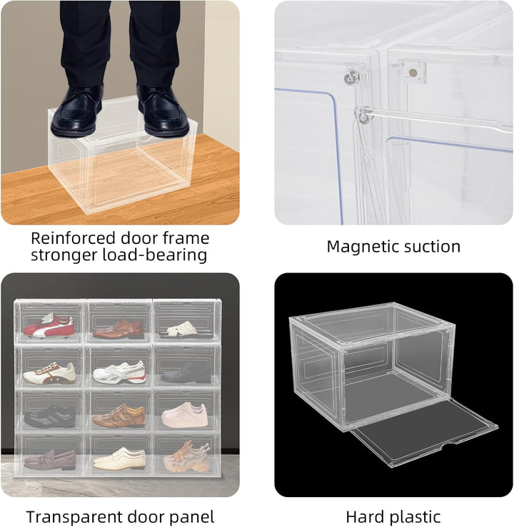 Schuhboxen Stapelbar Transparent 12er Set Schuhbox Hartplastik Schuhkarton mit Deckel Faltbar und St