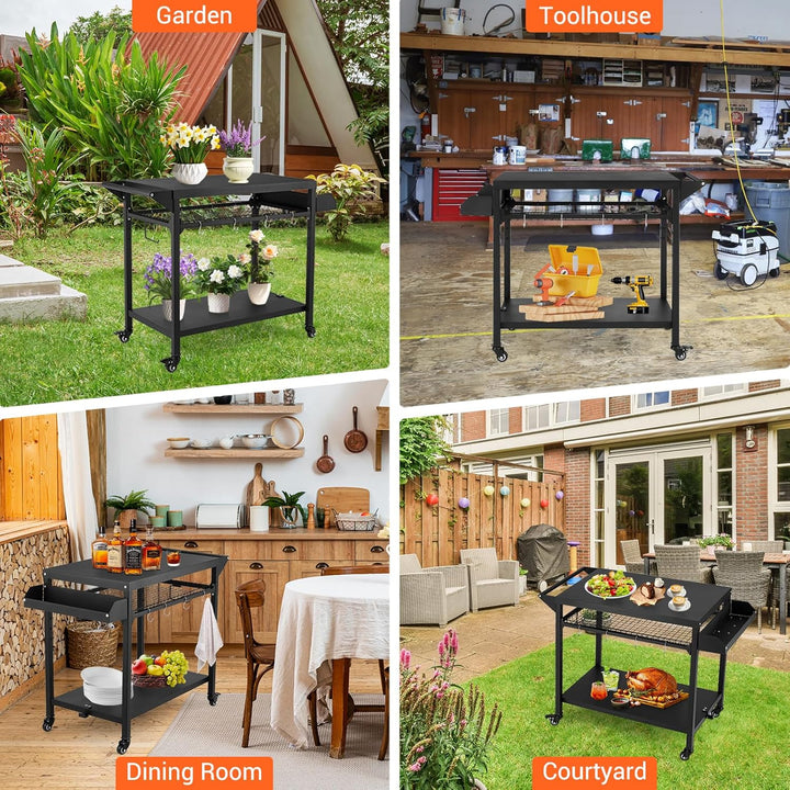 GarveeTech Grillwagen Outdoor – Mobiler Grilltisch mit 3 Ablagen, Gitterablage, Rollen & Haken für G