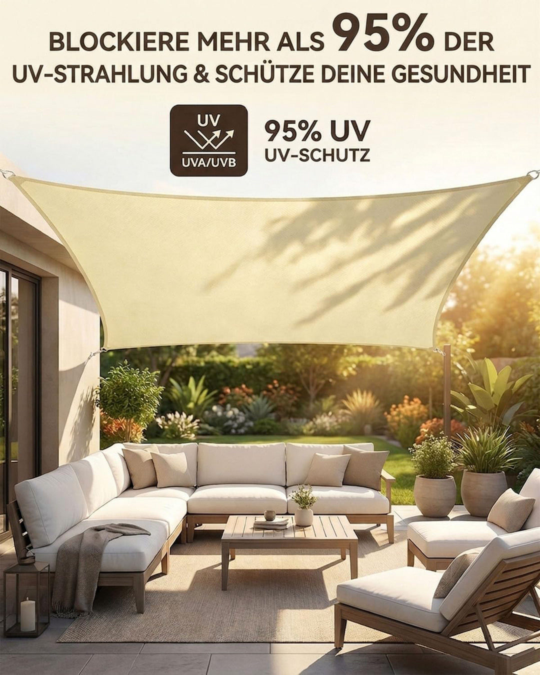 Sonnensegel Rechteckig 2x3m mit Befestigungsset, HDPE Gewebe wasserdicht und reissfest, UV-Schutz, w