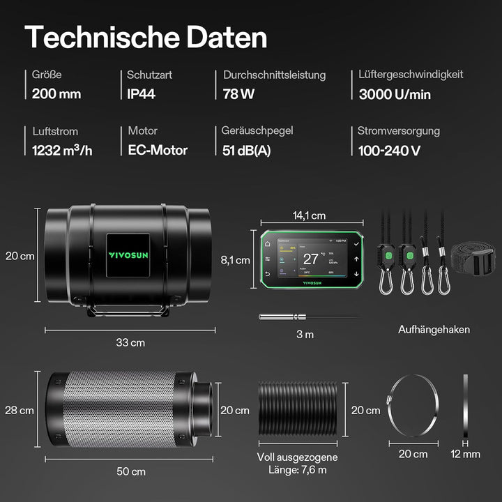 VIVOSUN Abluftset PRO G8 Kit 200mm, AeroZesh G8 Inline-Rohrventilator mit GrowHub E42A+ Temp- und Fe