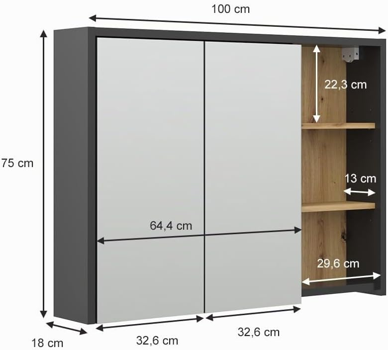Vicco Badspiegelschrank Viola, Anthrazit/Eiche, 100 x 75 cm, Artisan-eiche