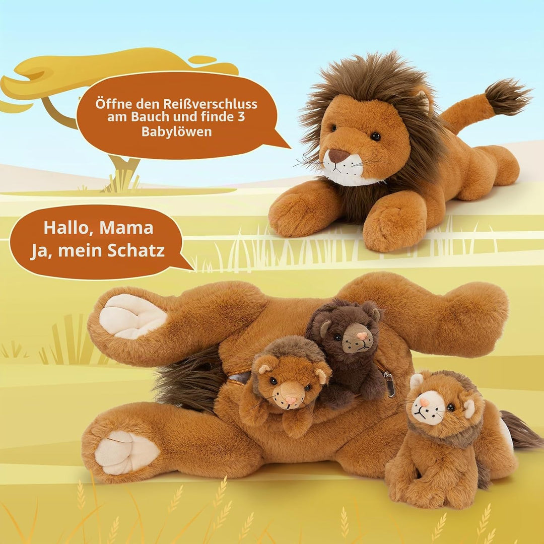 MorisMos riesen Löwe Kuscheltier XXL mit 3 Babys, 50cm lang weich Kuschel-Löwen Plüschlöwe Plüschtie