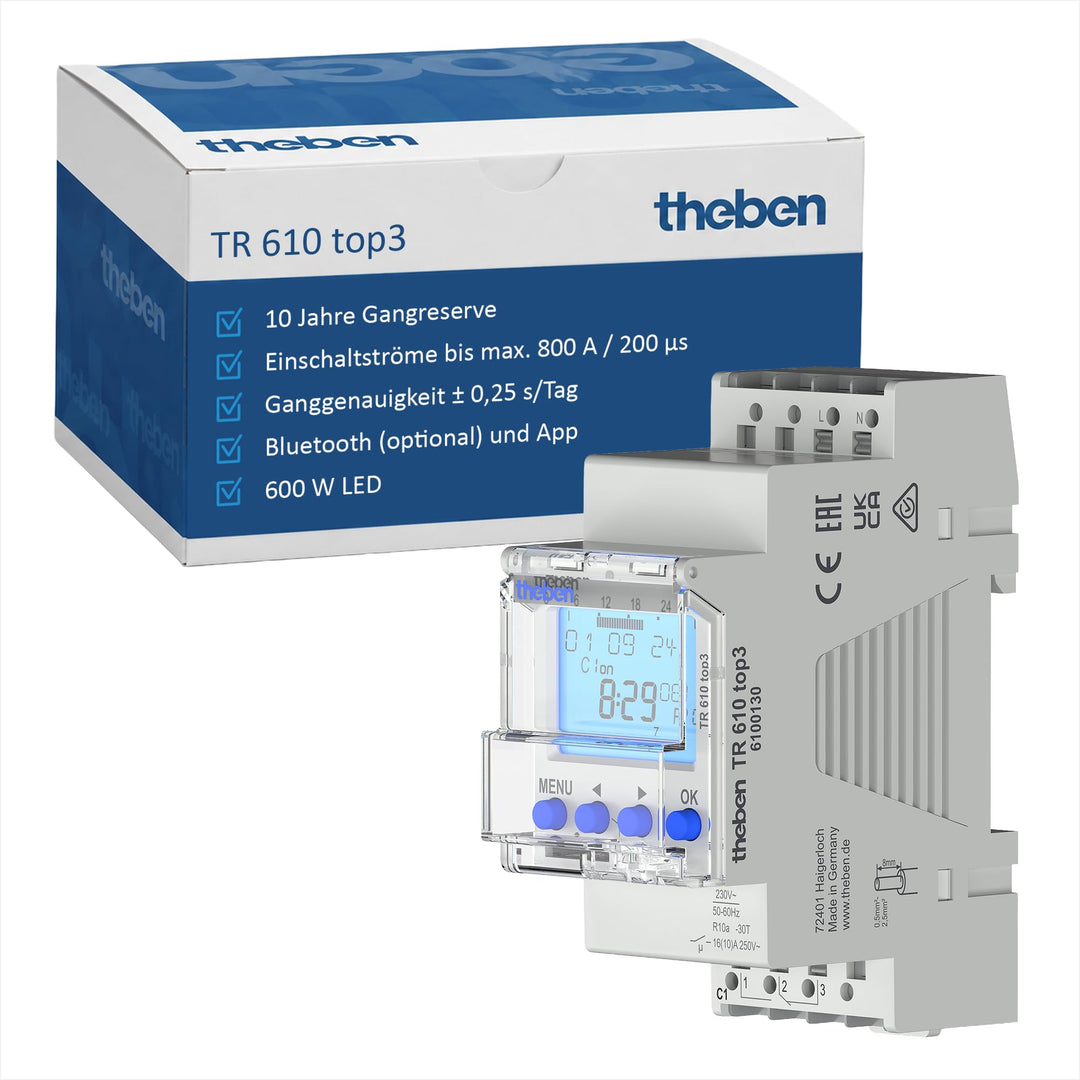Theben 6100130 TR610 top3 - Digitale 1-Kanal Zeitschaltuhr mit App-Programmierung, perfekt für LEDs,