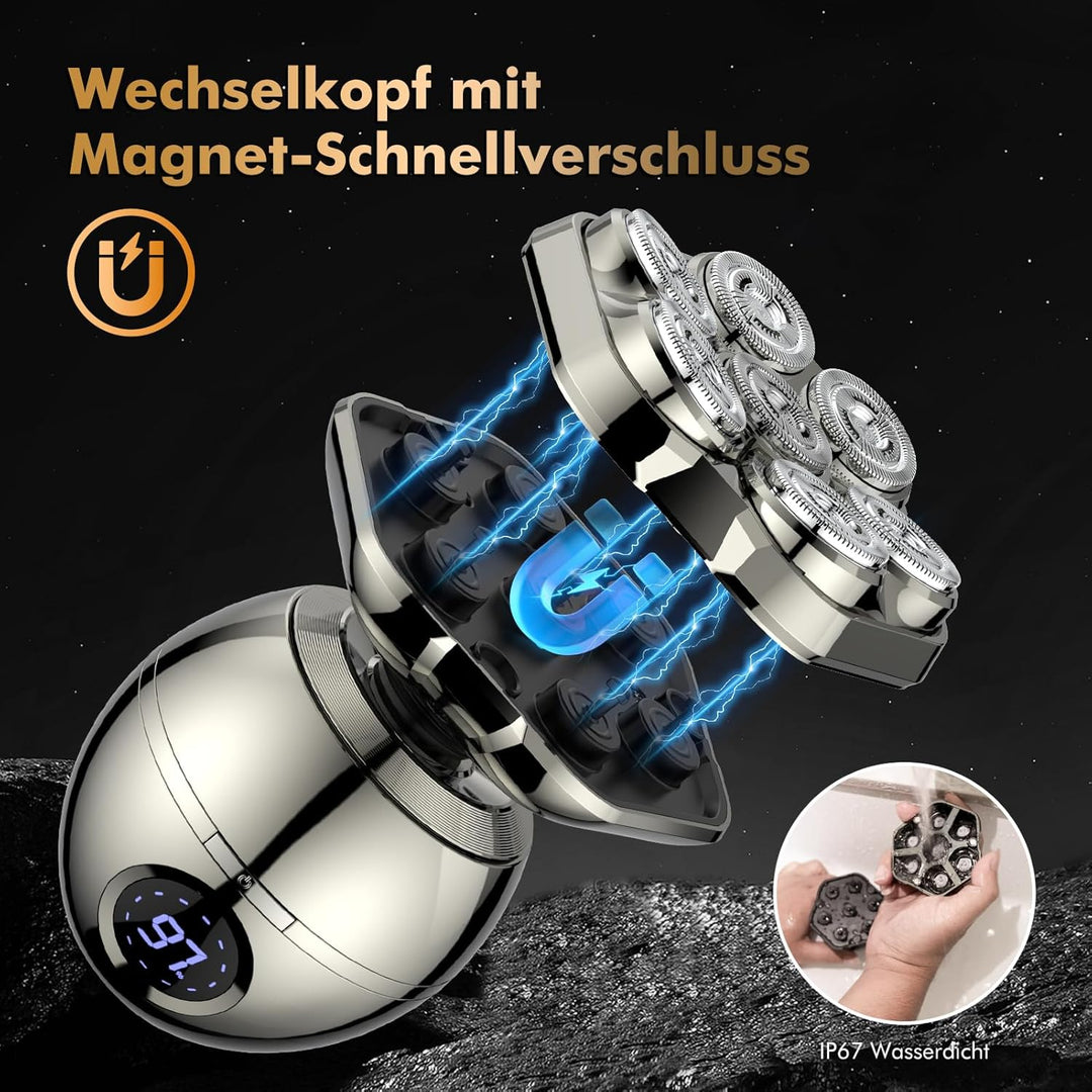 Glatzen Rasierer Herren, 6-in-1 Kopfrasierer Glatze mit 7D Magnetische Schwebender Kopf, IPX7 Wasser