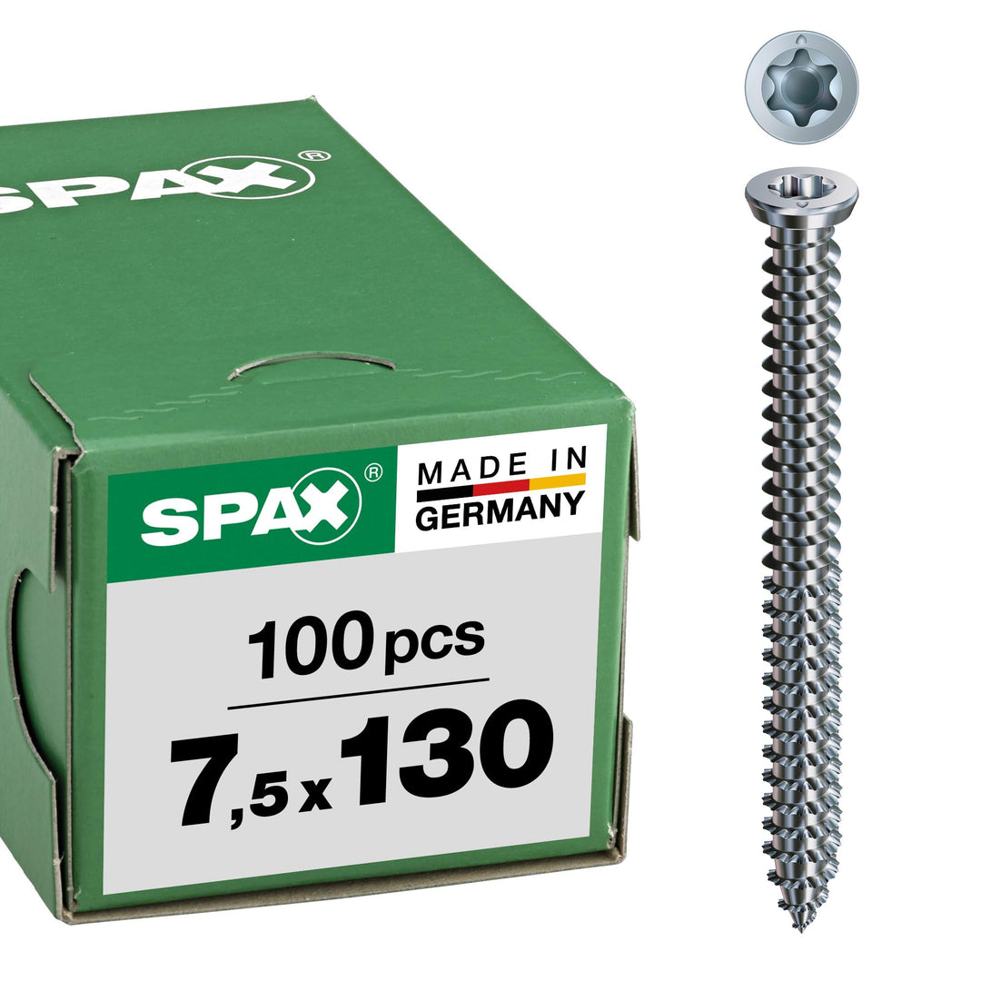 SPAX-RA, 7,5 x 130 mm, 100 Stück, Vollgewinde, Flachsenkkopf, T-STAR plus T30, WIROX - 1021010751305