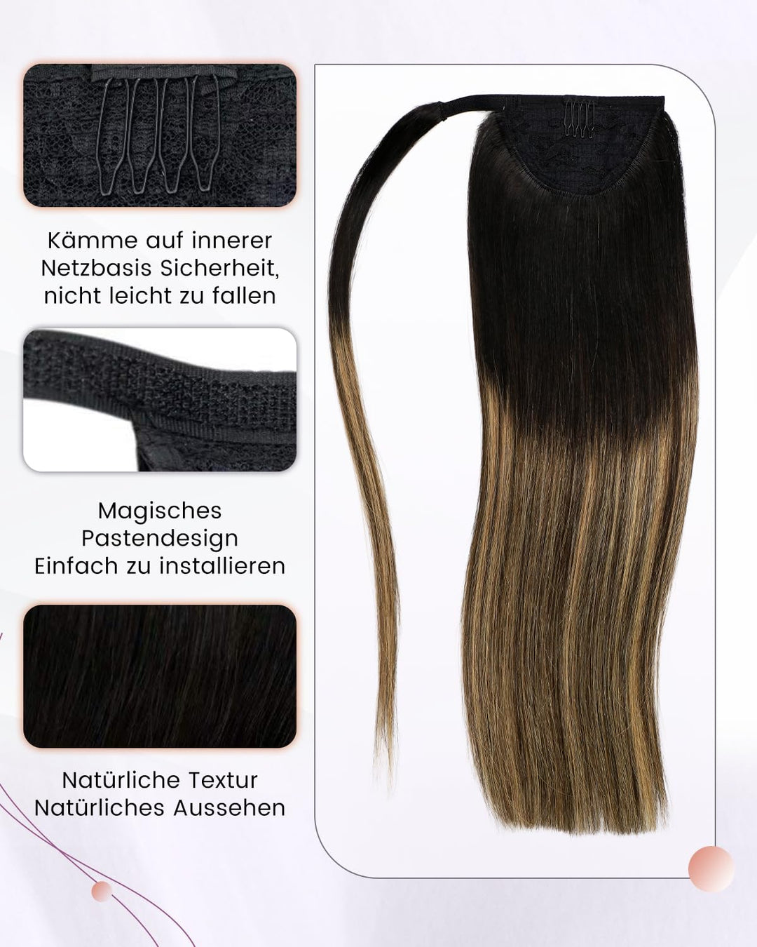 LaaVoo Zopf Extensions Echthaar Balayage Schwarz Extensions Pferdeschwanz Haarteil Echthaar Schwarz