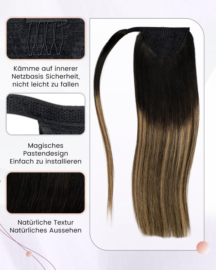 LaaVoo Zopf Extensions Echthaar Balayage Schwarz Extensions Pferdeschwanz Haarteil Echthaar Schwarz