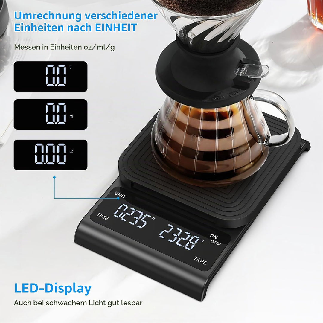 Brifit Kaffeewaage mit Timer, Espresso Waage 3kg/0.1g, Hochpräzise Feinwaage, USB Wiederaufladbare K