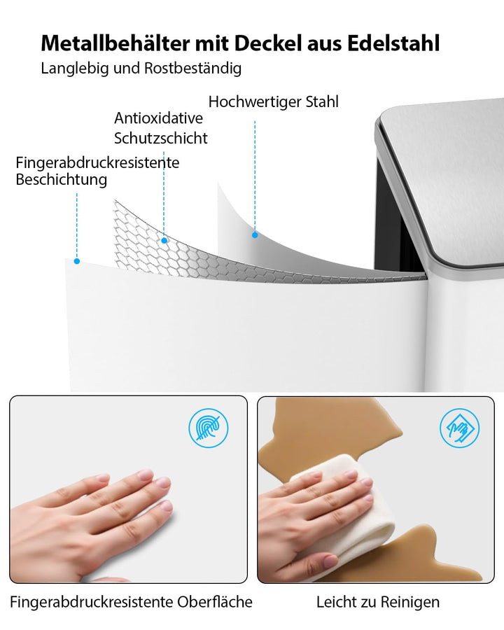 lovewind Mülleimer, 2 x 30L Mülleimer Küche, Doppeleimer für Recycling und Abfall, Weiss, Mülleimer