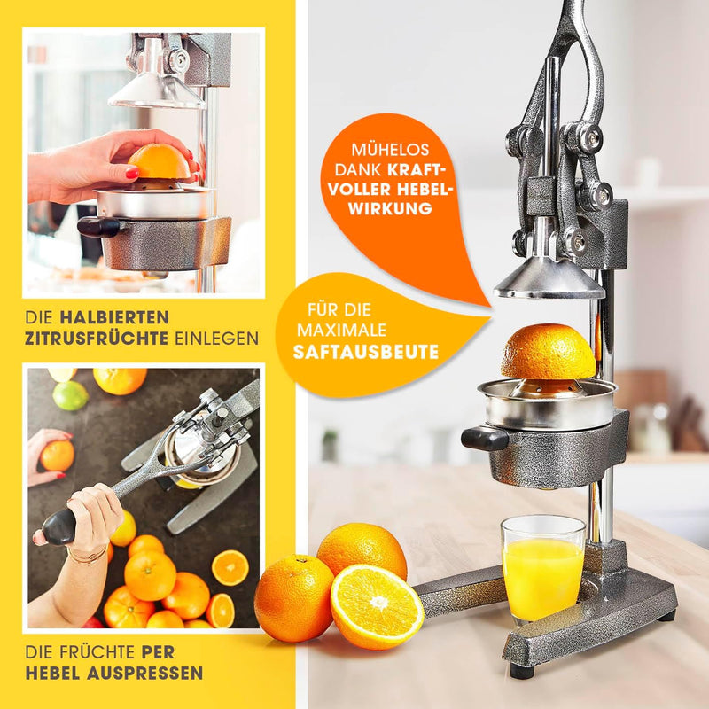 Lumaland Entsafter Set mit Obstständer für max. 6 Orangen | Gusseisen Entsafter mit Orangenständer -
