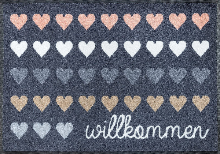 wash+dry Fussmatte, Willkommen Herzen 50x75 cm, innen und aussen, waschbar, Bunt 50x75cm, 50x75cm