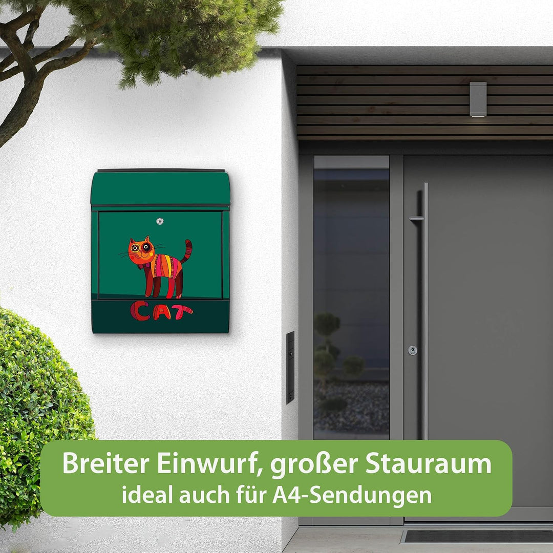 banjado® Design Briefkasten mit Motiv Orange Katze 39x47x14cm &amp; 2 Schlüssel - Briefkasten Stahl schw