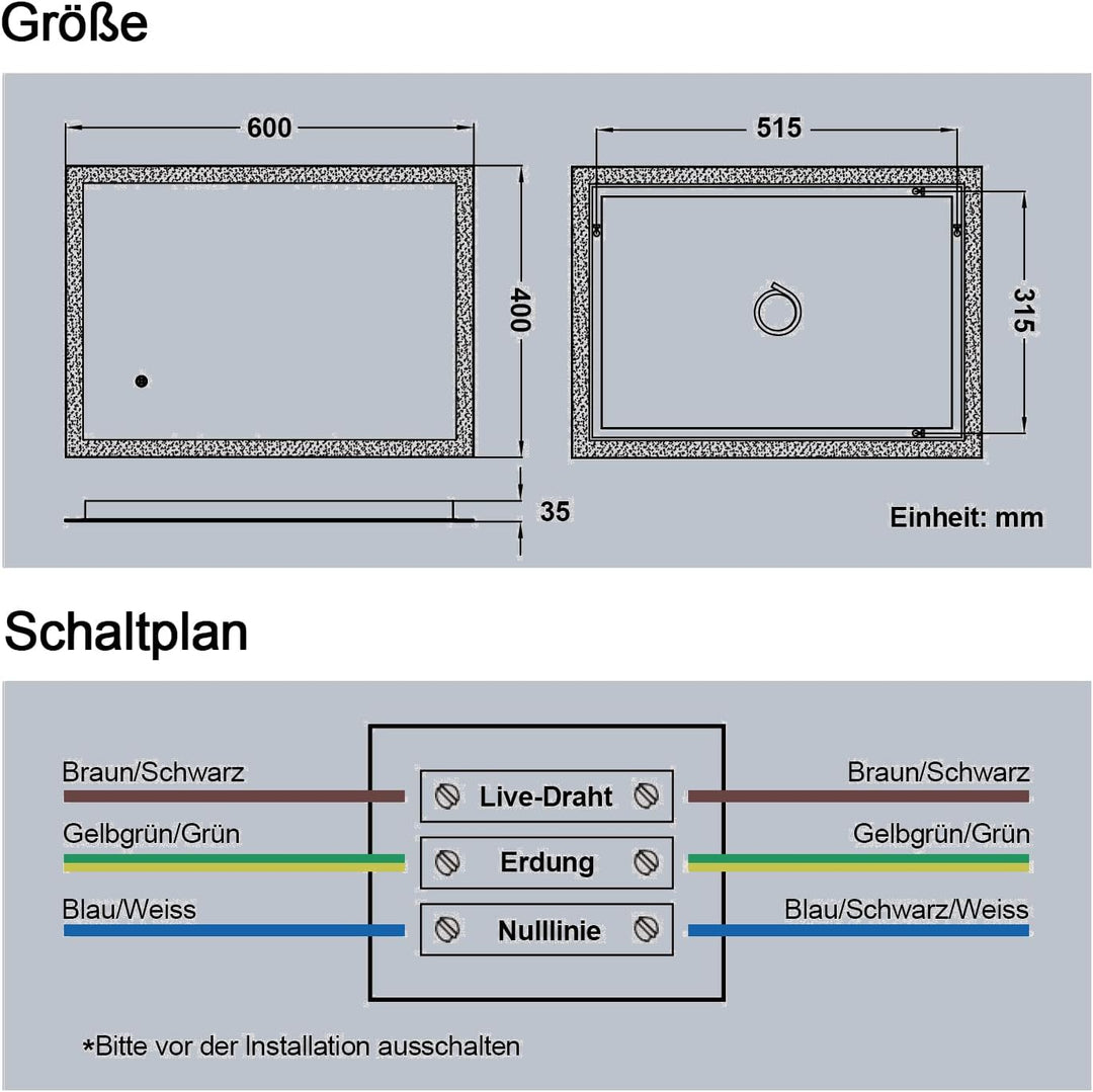 BD-Baode Badspiegel mit Beleuchtung 40x60cm,LED Badspiegel mit Uhr Badezimmerspiegel Touchschalter D