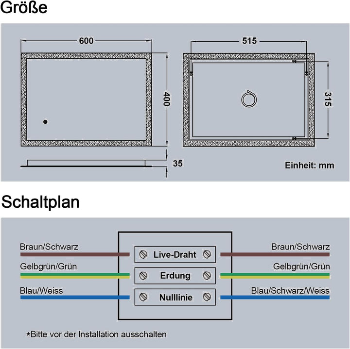BD-Baode Badspiegel mit Beleuchtung 40x60cm,LED Badspiegel mit Uhr Badezimmerspiegel Touchschalter D