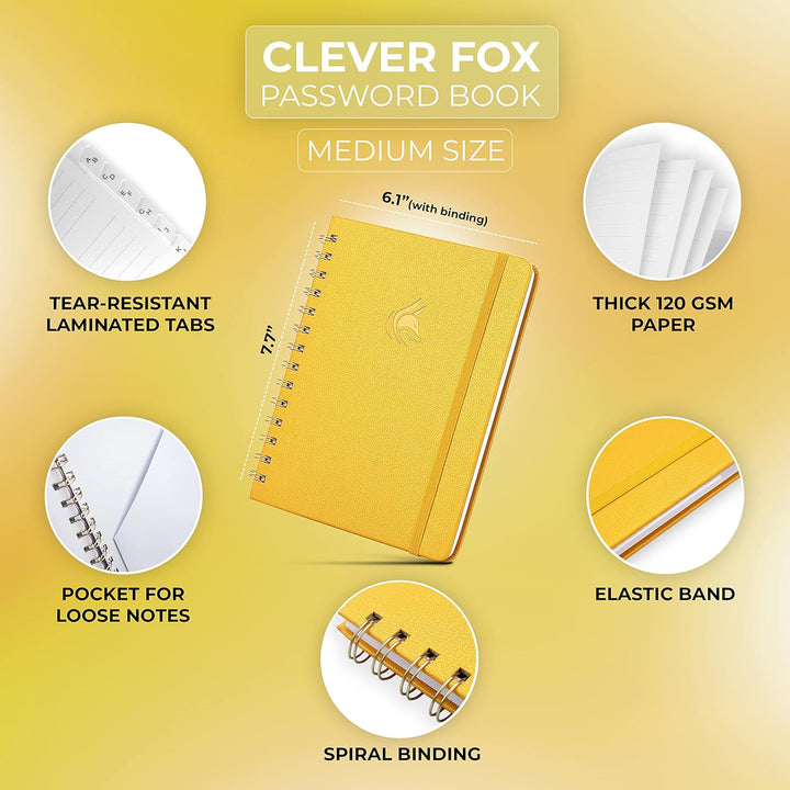 Clever Fox Passwort Spiralbuch (Mittelformat (15.5 x 19.6cm), Bernsteingelb) Medium (15.5 x 19.6cm)