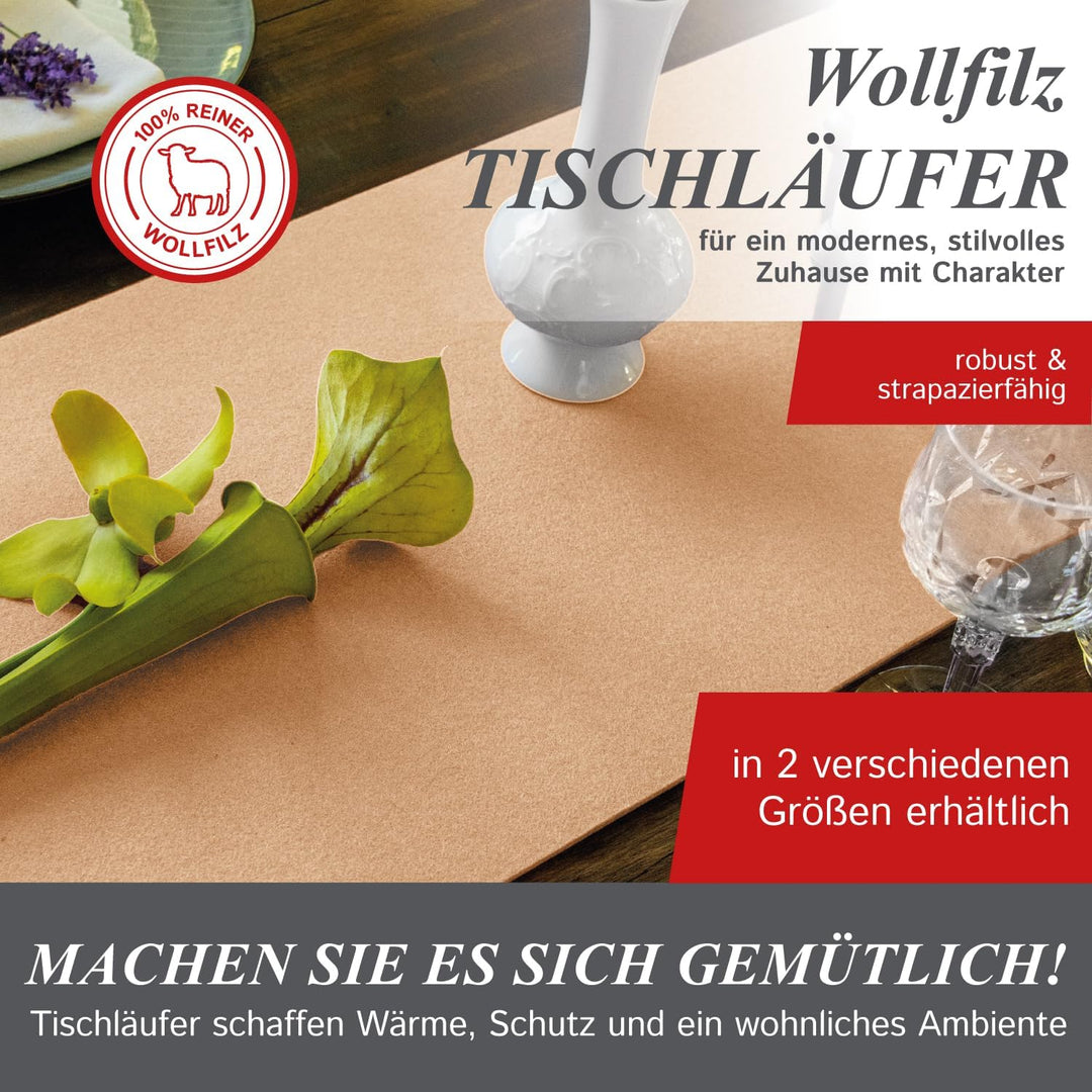 Moderner Tischläufer aus Filz für den Herbst, beige (aus 100% Schafwolle), 150 x 30 cm, 5mm dick, mo