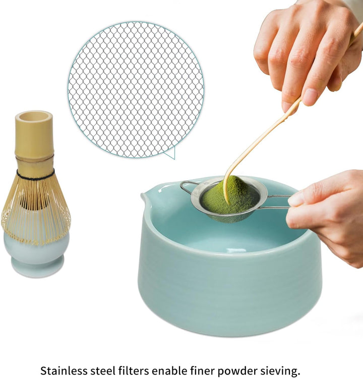 Matcha Tee Set – Matcha Besen Set mit Schneebesen, Besenhalter, Keramik Matcha-Schale, 2 Teelöffel –