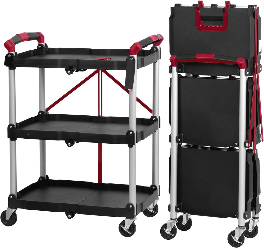 Mahlzeit Faltbarer Servierwagen mit Rollen | 64 x 40,5 x 82 cm, Bis zu 150 kg Belastbar | Rot/Schwar